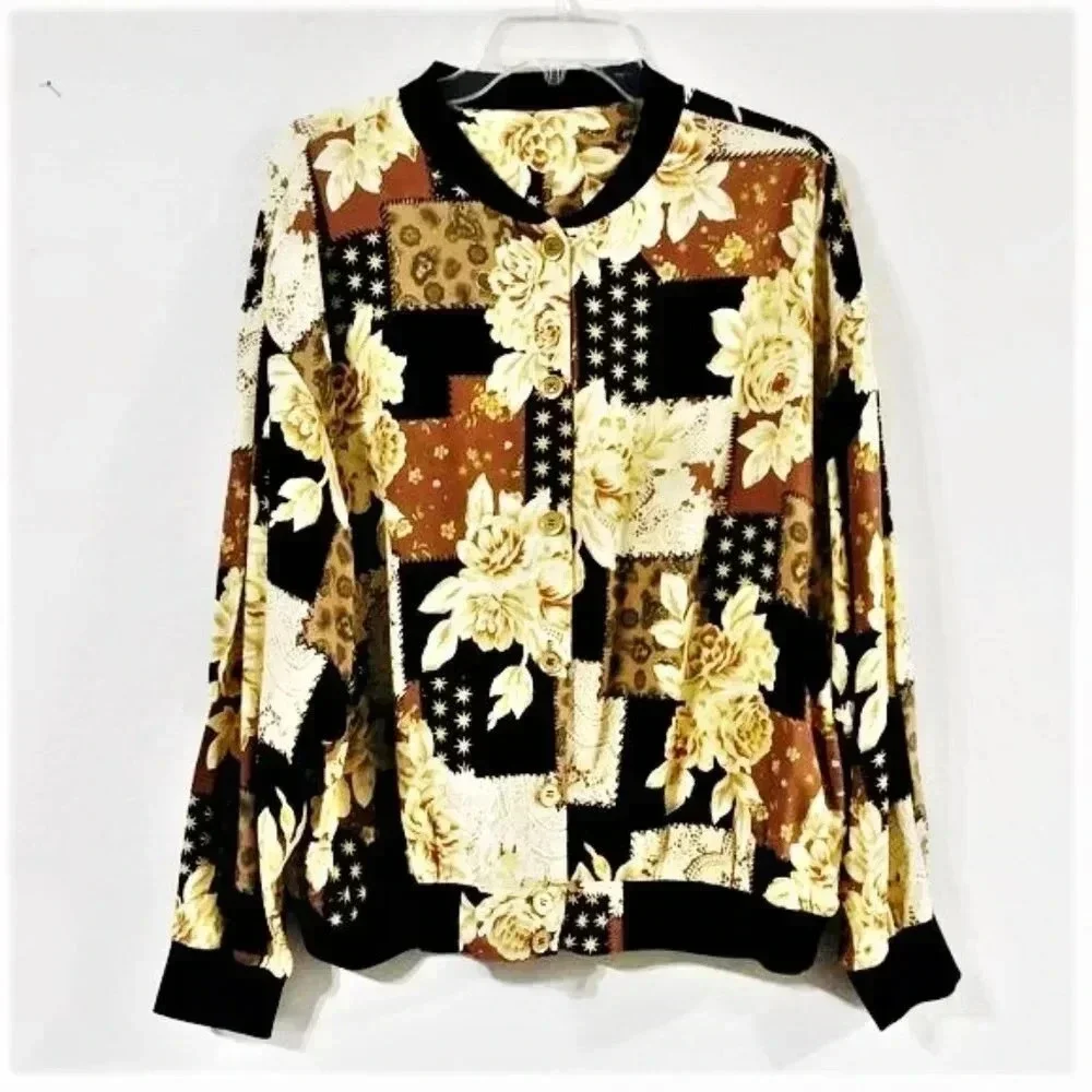 Southern Lady Vintage Patchwork Floral Leopard Bomber Jacket Brown Black XL